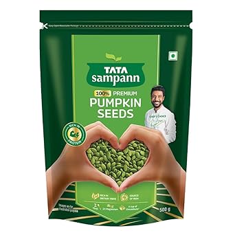 Tata Sampann Pumpkin Seeds, 500g, Rich in Protein, Dietary Fibre, Magnesium & Phosphorus, Raw & Unroasted Pumpkin Seeds, Source of Iron & Zinc, Handpicked Seeds, Resealable Pack - image, photos