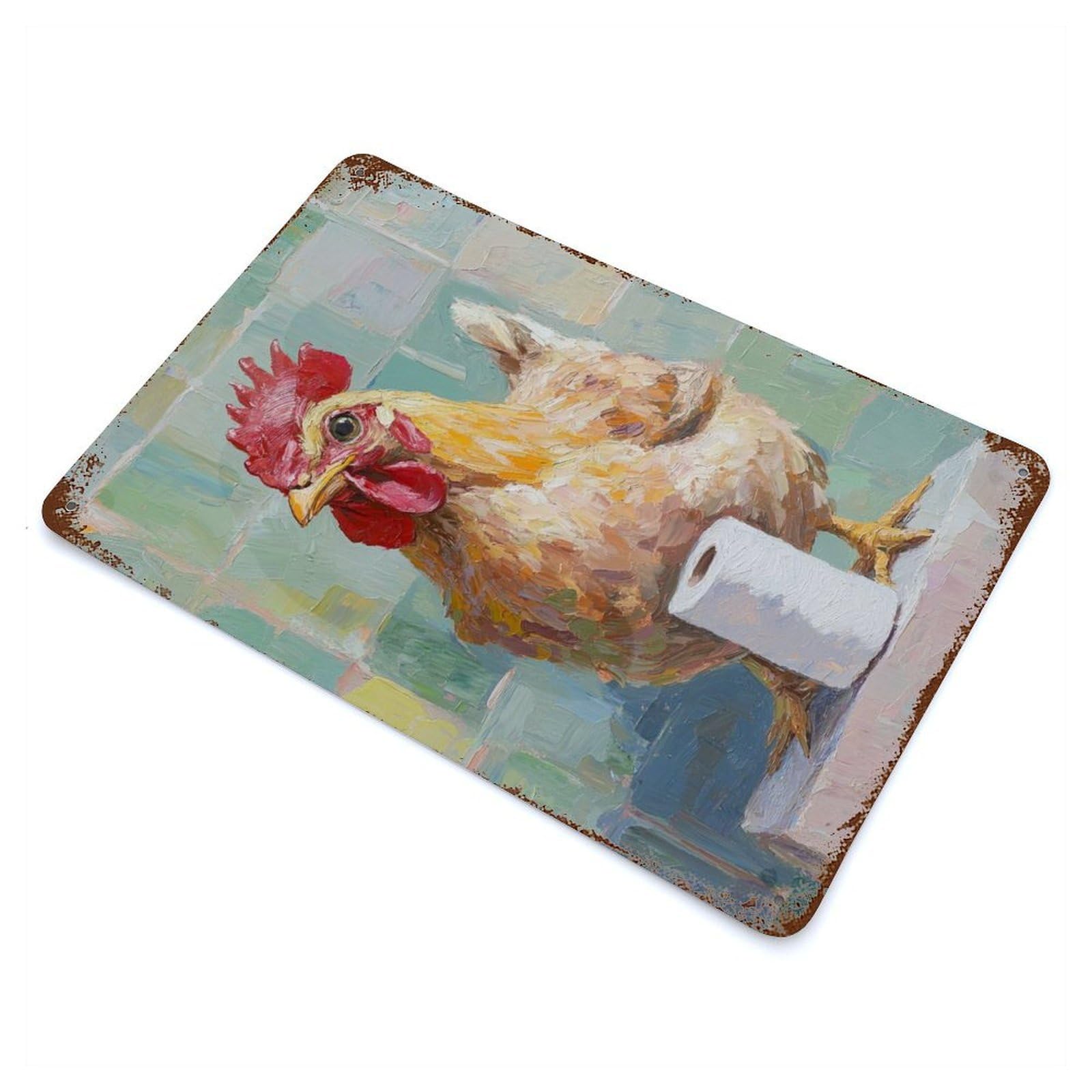 Aged Metal Wall Plaque with Chicken And Toilet Paper Design 11.8"x7.9", for Basement, Hobby Room And Garage Decor, Farmhouse Wall Decor