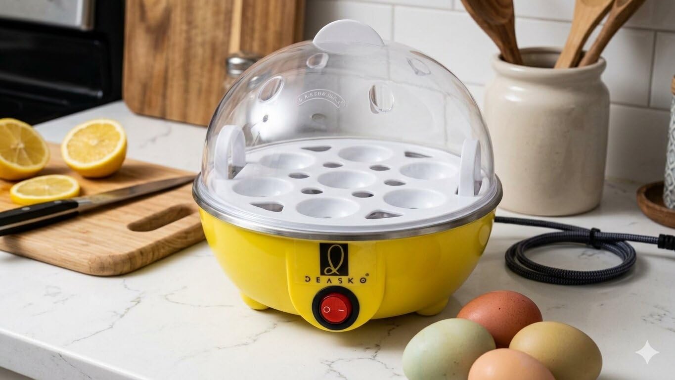 Electric Egg Cooker, Yellow, Clear Dome Lid, Power On/Off Switch, Countertop Kitchen Appliance-picture-20