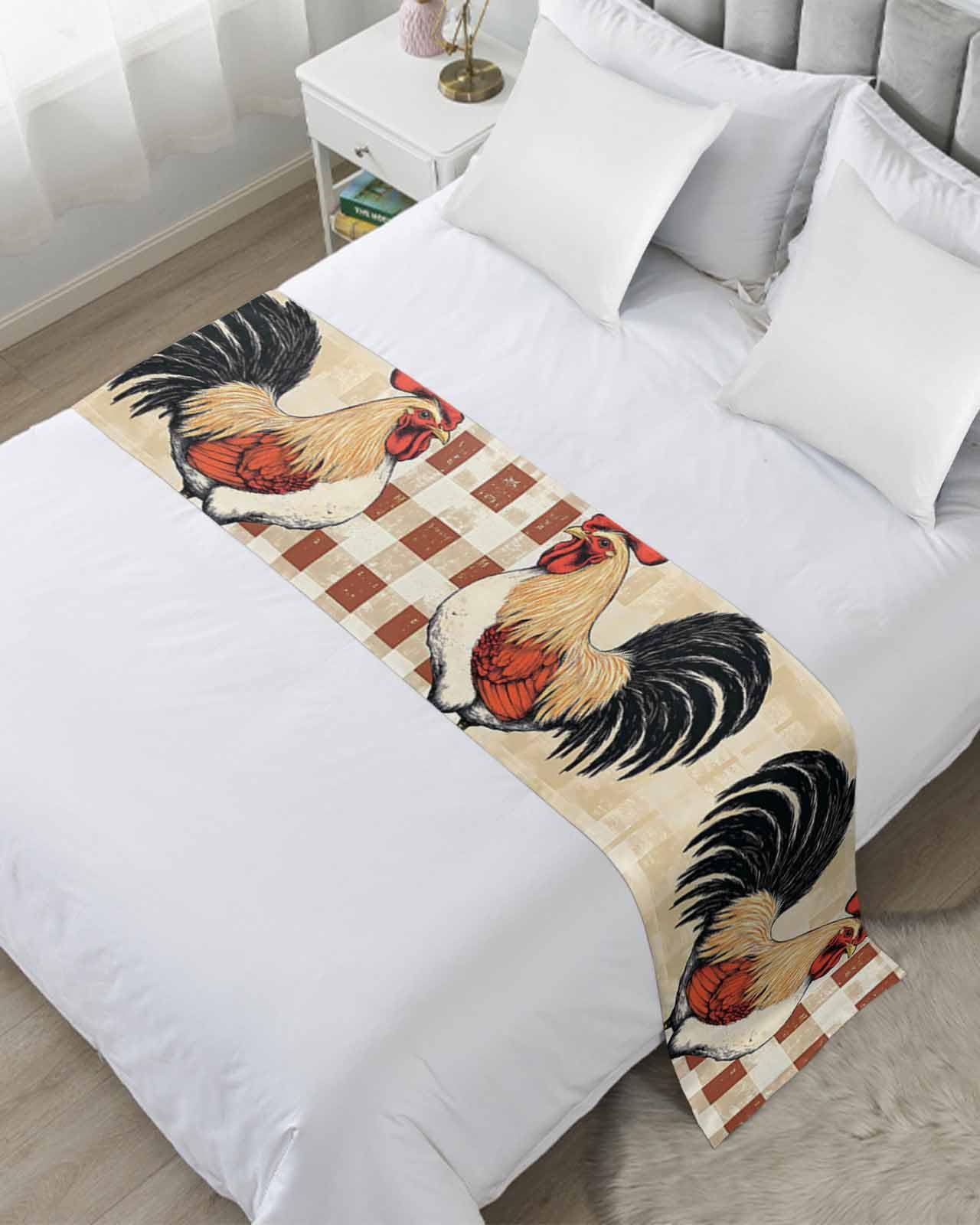 Vintage Rooster Bed Runner for King Size, Watercolor Pastoral Animals Plaid Bedspread Protector Slipcover Bed Scarf for Foot Runners & Scarves for Bedroom Hotel Wedding Room 102x20 Inches