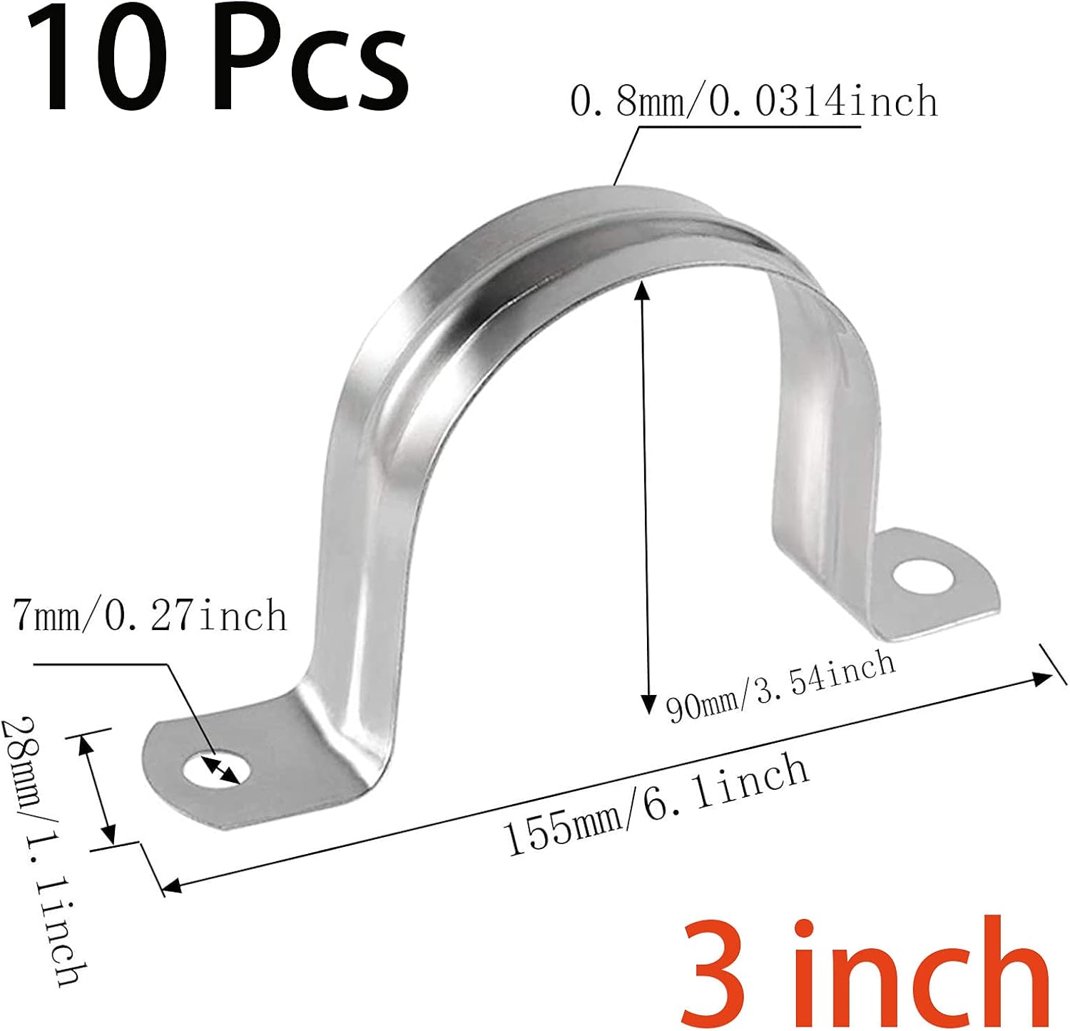 10 Pcs 3inch Rigid Pipe Strap,Two Hole Stainless Steel Strap U Bracket, Widened Tube Strap Tension Clip Assortment Kit Heavy Duty Pipe Clamp for Pipe Fixing（90mm）