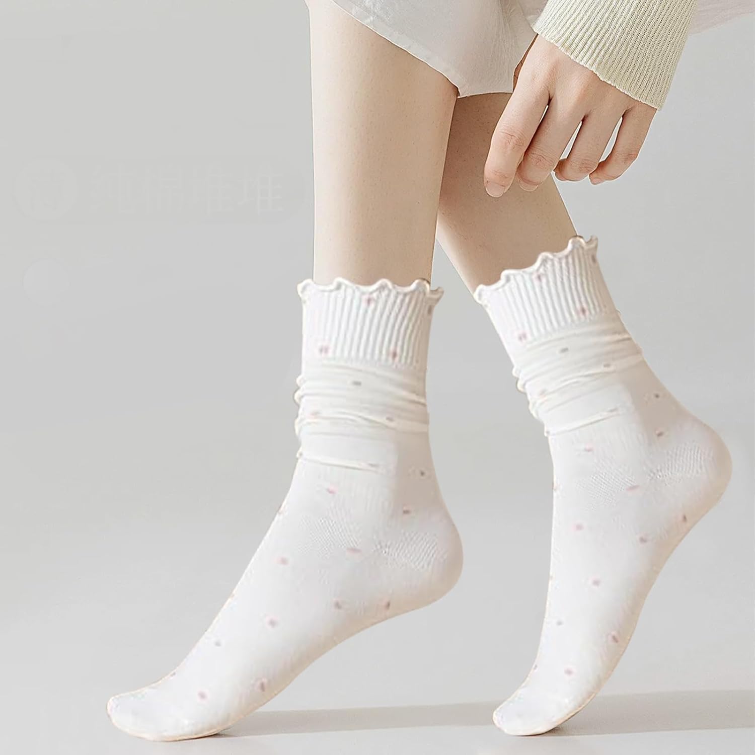 Heran Women’s Polka Dot Ruffle Socks, 6 Pairs Cute Ankle Spring Socks for Women, Fashion Frilly Knit Crew Girly Stockings, Woman Cotton Lettuce Edge Dress Stockings for Girls Teens Adults, All Seasons - Image 7
