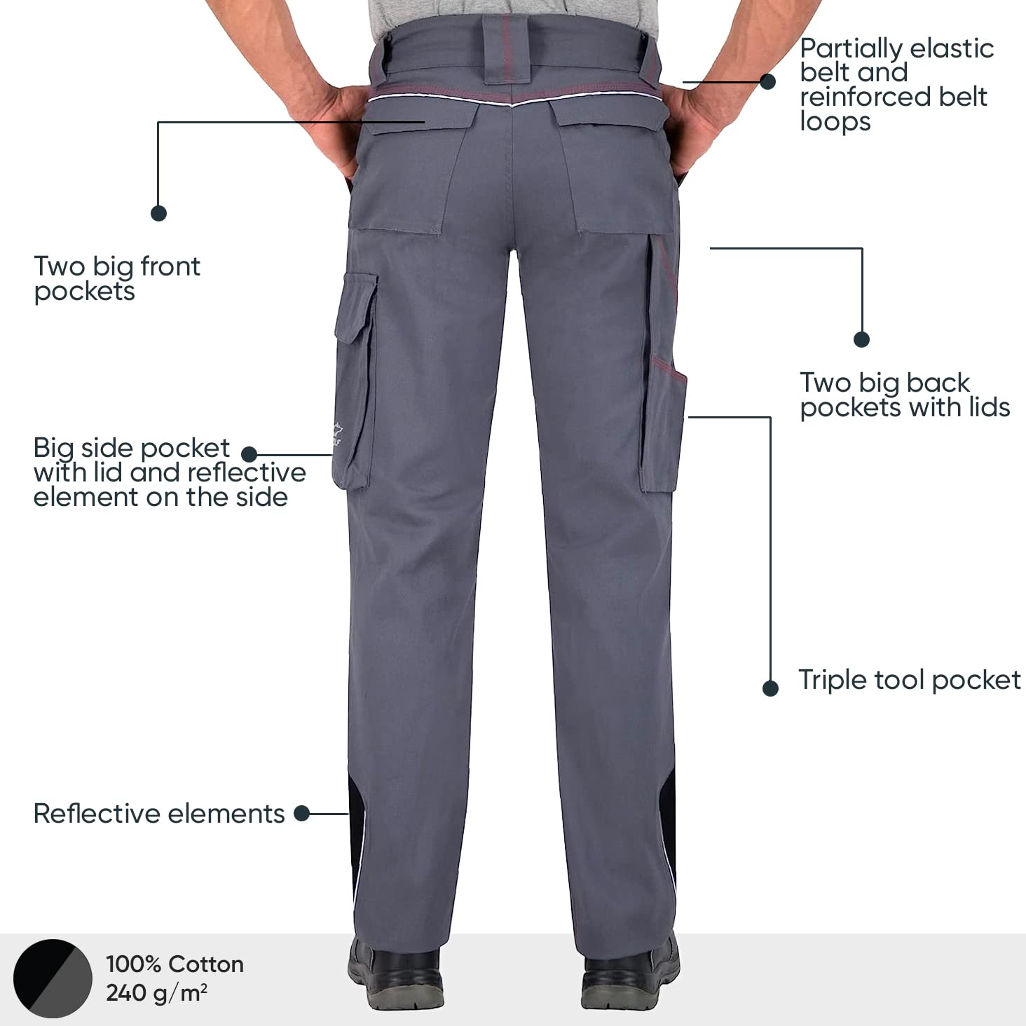 BWOLF Raptor 100% Algodón Pantalones de Trabajo para Hombre con Bolsillos multifuncionales, Rodilleras, Rayas Reflectantes