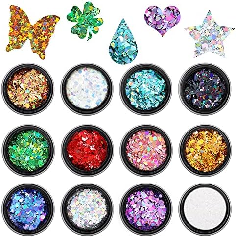 12 Boxes Chunky Glitter Sequins Shapes Mixed Iridescent Nail Art Hexagon Flakes – Butterfly Hearts Star DIY Design Manicure Decorations Sets for Resin/Tumblers/Slime/Craft/Face Body Makeup