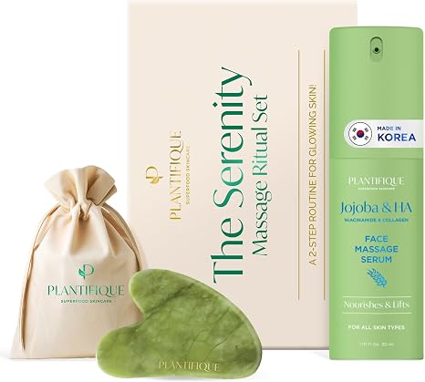 PLANTIFIQUE Massage Set: Guasha Stone & Korean Jojoba Oil Face Serum Skin care gifts for women men mothers and bridesmaids - with hyaluronic acid and niacinamide (30 ml)