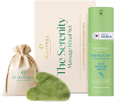 PLANTIFIQUE Massage Set: Guasha Stone & Korean Jojoba Oil Face Serum Skin care gifts for women men mothers and bridesmaids - with hyaluronic acid and niacinamide (30 ml)
