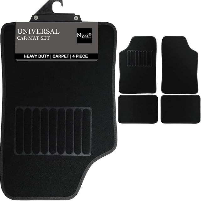 Nyxi 4 Piece Universal Carpet Floor Mat ( Front + Rear ) Velour Non-Slip for Cars SUV Truck and VAN Black Carpet Ray