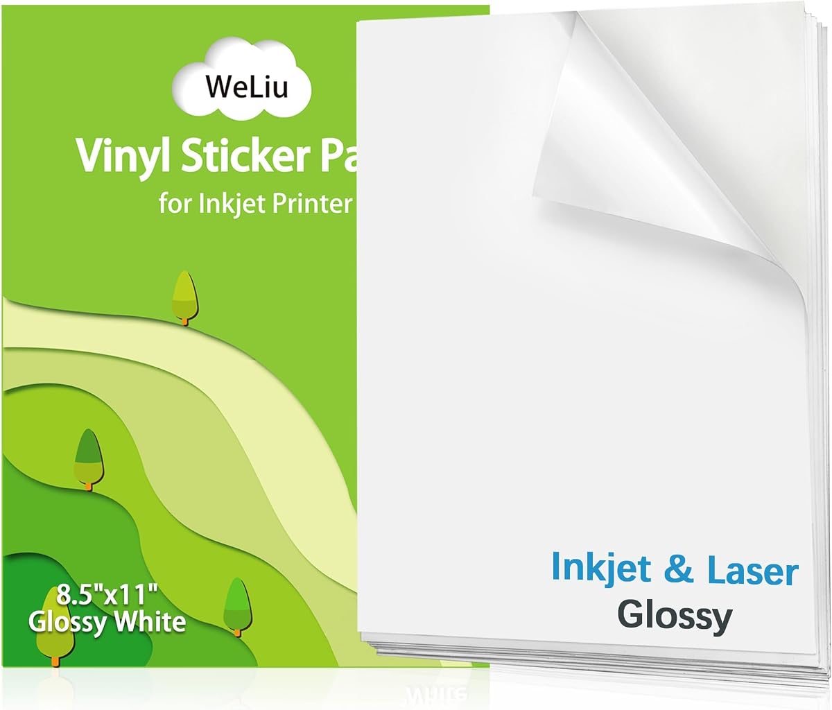 Glossy Printable Vinyl Sticker Paper for Printer - 21 Sheets | Waterproof Decal for Inkjet & Laser Printers, 8.5"x11" White for Custom Stickers, Personalized Labels, Water Bottle Use