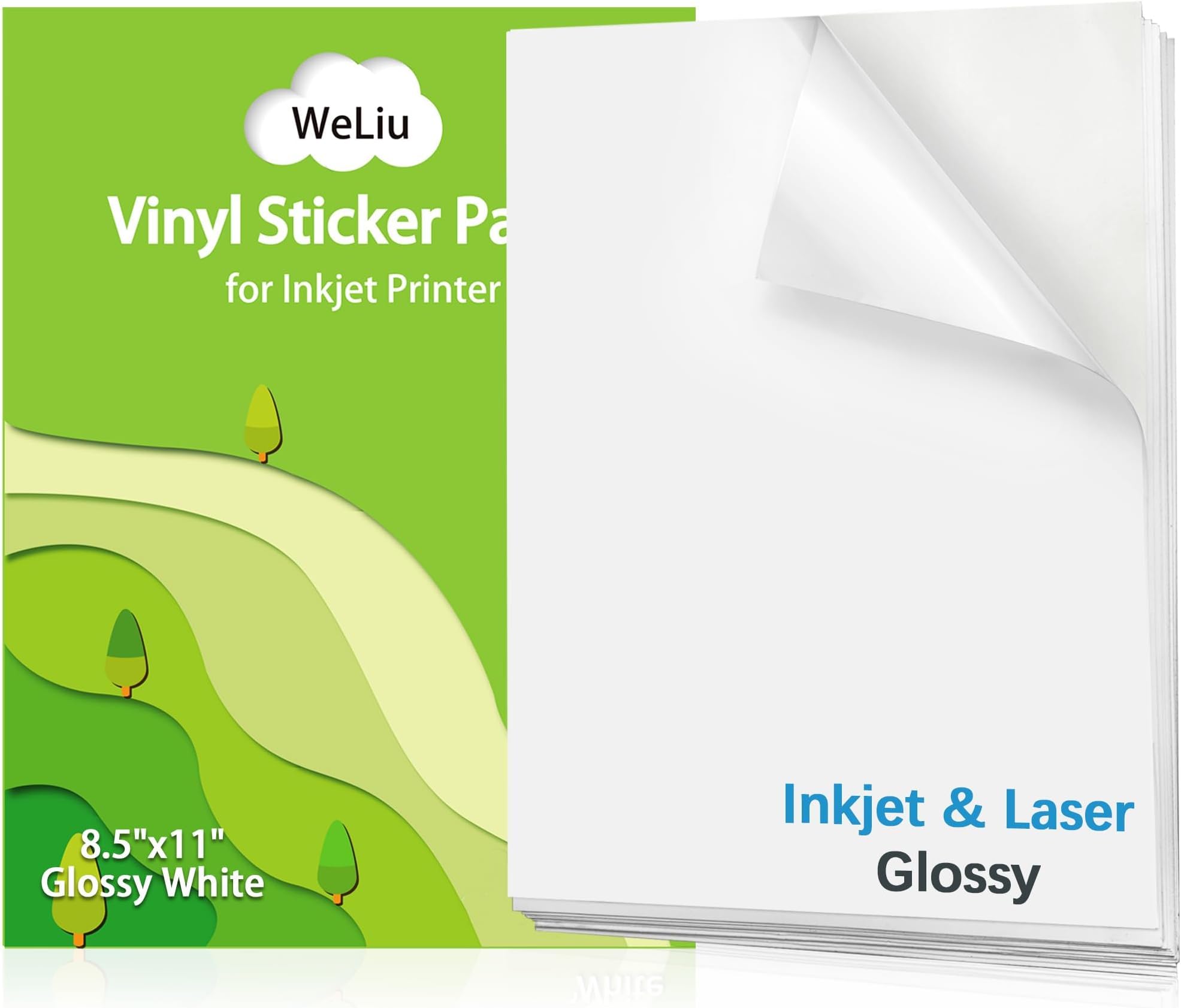 Glossy Printable Vinyl Sticker Paper for Printer - 21 Sheets | Waterproof Decal for Inkjet & Laser Printers, 8.5"x11" White for Custom Stickers, Personalized Labels, Water Bottle Use