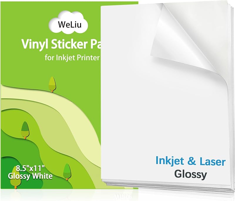 Glossy Printable Vinyl Sticker Paper for Printer - 21 Sheets | Waterproof Decal for Inkjet & Laser Printers, 8.5"x11" White for Custom Stickers, Personalized Labels, Water Bottle Use