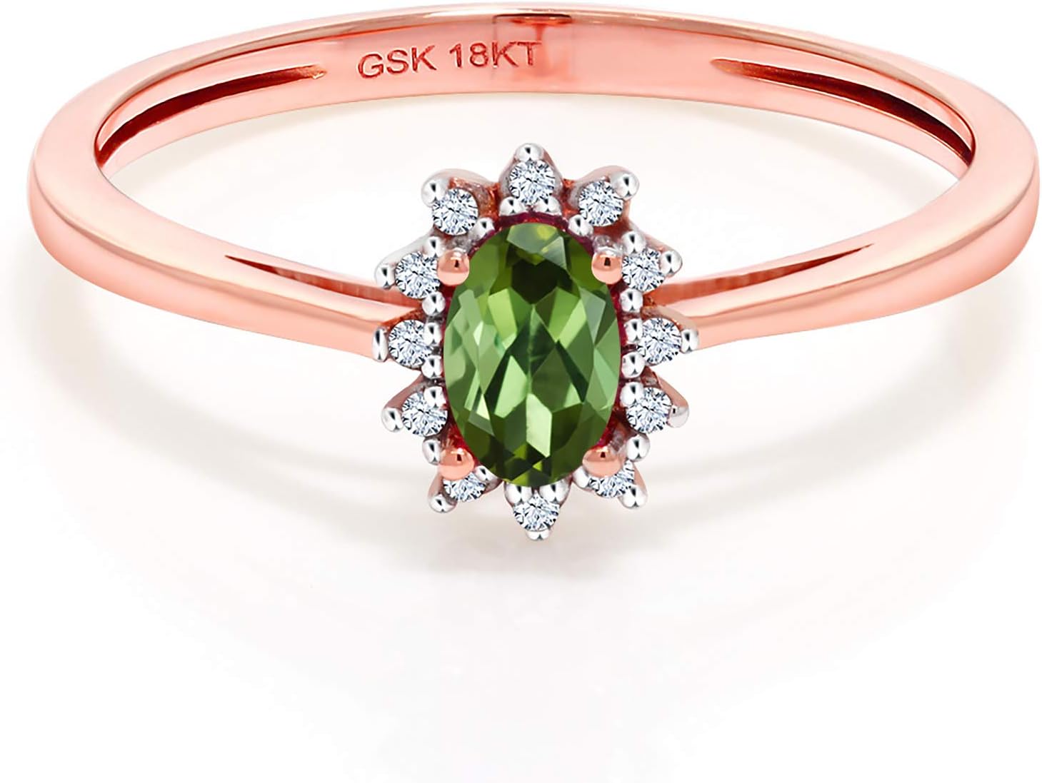 Gem Stone King 0.34 Ct Oval Green Tourmaline White Diamond 18K Rose Gold Ring - Image 2
