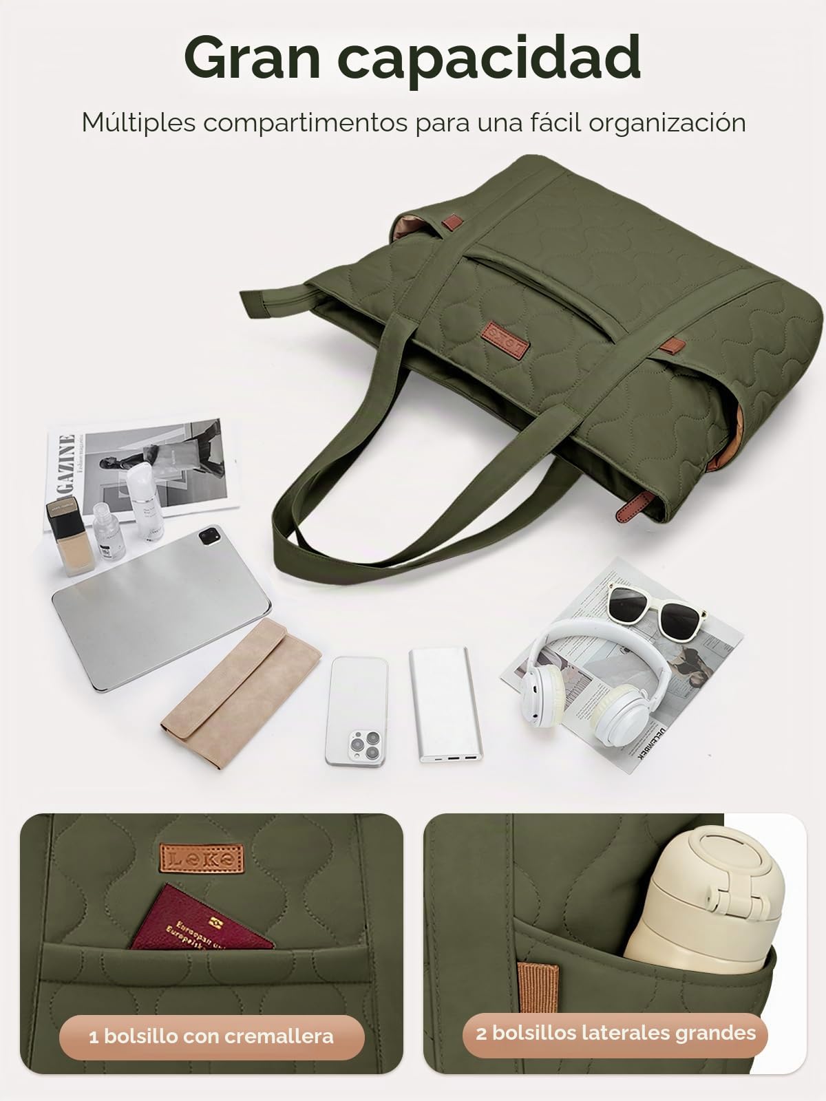 Bolso Tote Mujer Grande, Bolso Shopper Acolchado Ligero con Compartimento para Portátil de 15,6", Bolsa de Hombro con 8 Bolsillos para Trabajo, Universidad y Viaje