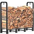AMAGABELI GARDEN & HOME 4ft Firewood Log Rack Outdoor Indoor Heavy Duty Wrought Iron Fire Wood Holder Outdoors Stand Tubular Wood Pile Lumber Storage Stacking Log Bin Black