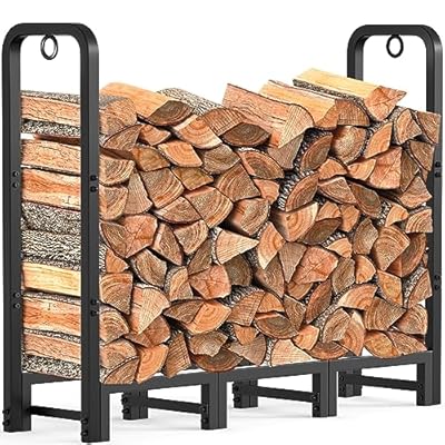 AMAGABELI GARDEN & HOME 4ft Firewood Log Rack Outdoor Indoor Heavy Duty Wrought Iron Fire Wood Holder Outdoors Stand Tubular Wood Pile Lumber Storage Stacking Log Bin Black