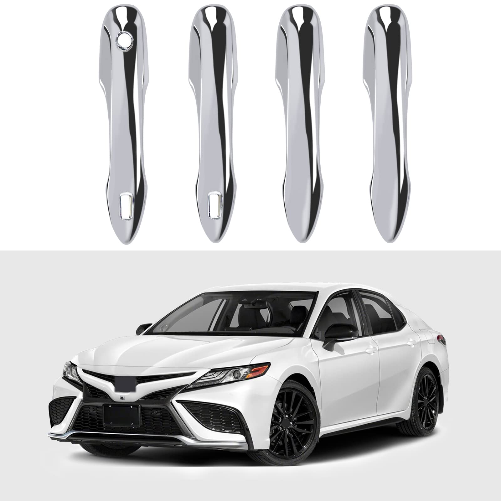 Door Handle Cover Trim Compatible with Toyota Camry 2018-2025 /Corolla 2019-2025 /Avalon 2019-2022 /Pruis Hatchback 2016-2024 Accessories Exterior Door Handle Protector with 2 Smart Key Holes Chrome
