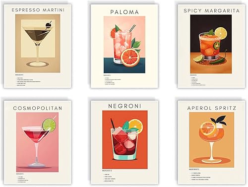 ZNC&ZNN Juego de 6 carteles de pared de cóctel para decoración de carrito de bar, póster vintage de cocina colorida y retro, impresiones en lienzo