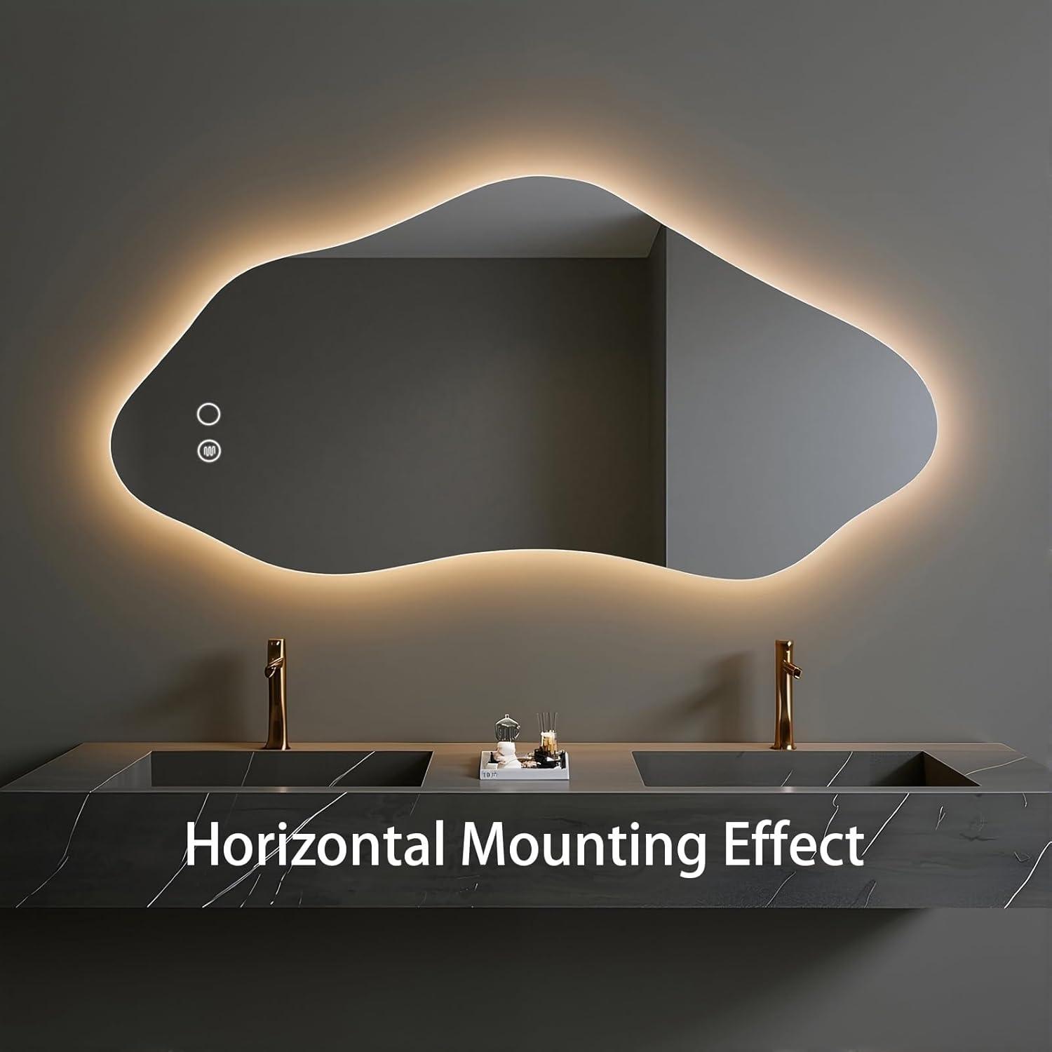 Modern Asymmetrical LED Bathroom Mirror with Lights, Irregular Frameless Lighted Wall Mirror for Living Room Entryway, Large Decorative Makeup Vanity Mirror with Touch Switch(55"x27")