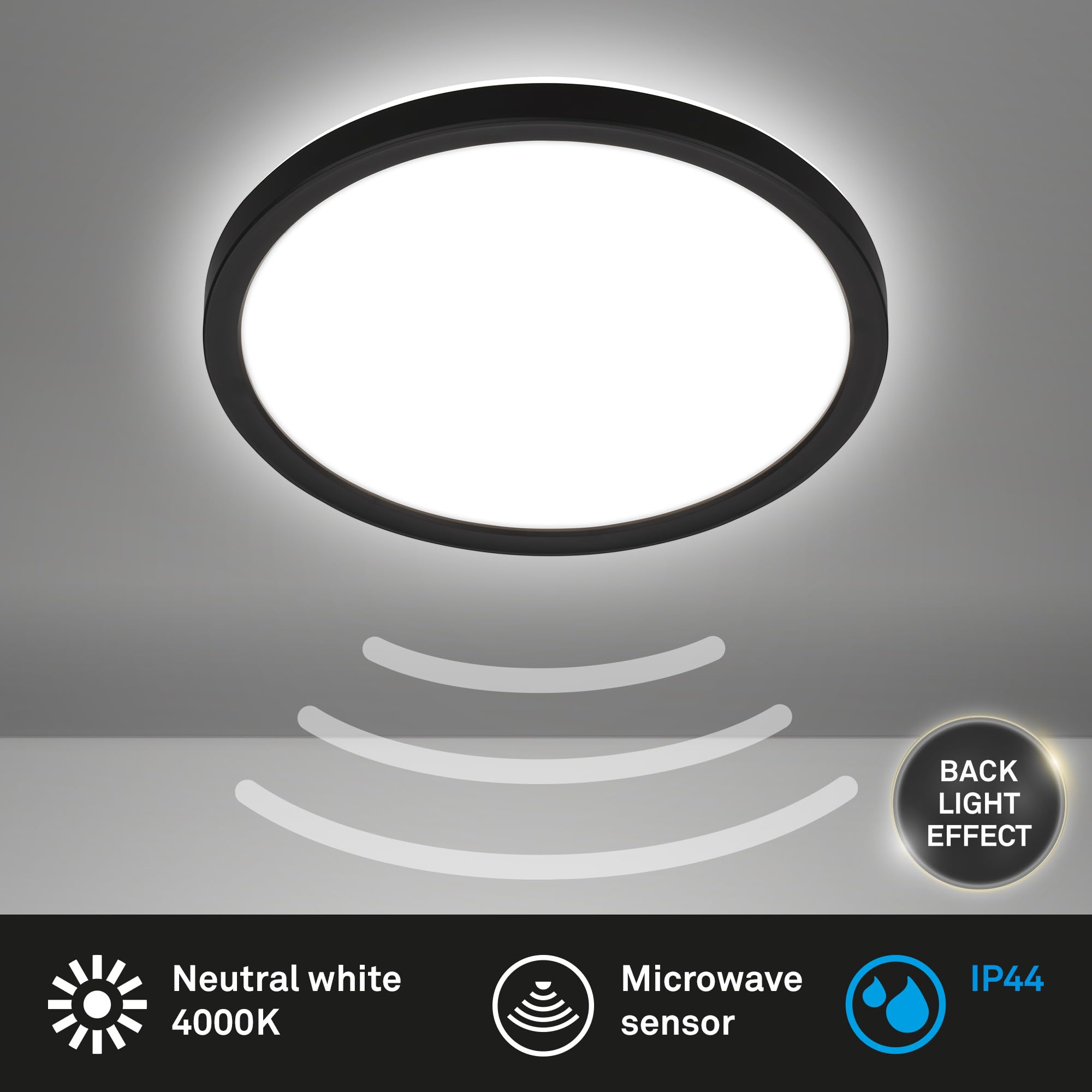 BRILONER - Lámpara de techo LED con detector de movimiento 3m de alcance IP44, color de luz blanco neutro, lámpara de baño, 24x3 cm, negro