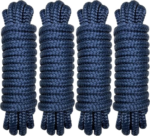PACTHSD Double Braid 1/2' x 15' Boat Dock Lines (4-Pack) – Nylon Boat Ropes for Docking with 12' Spliced Eye – Heavy Duty Marine Rope – Soft & Durable Boat Lines for Pontoon and Light Boat (Navy Blue)