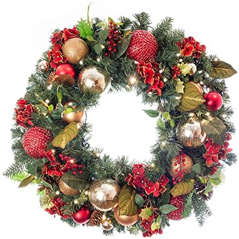 [30 Inch Artificial Christmas Wreath] - Scarlet Hydrangea Collection - Red and Gold Decoration - Pre Lit with 50 Warm Clear Colored LED Mini Lights - Includes Remote Controlled Battery Powered Timer