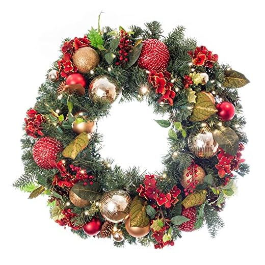 [30 Inch Artificial Christmas Wreath] - Scarlet Hydrangea Collection - Red and Gold Decoration - Pre Lit with 50 Warm Clear Colored LED Mini Lights - Includes Remote Controlled Battery Powered Timer