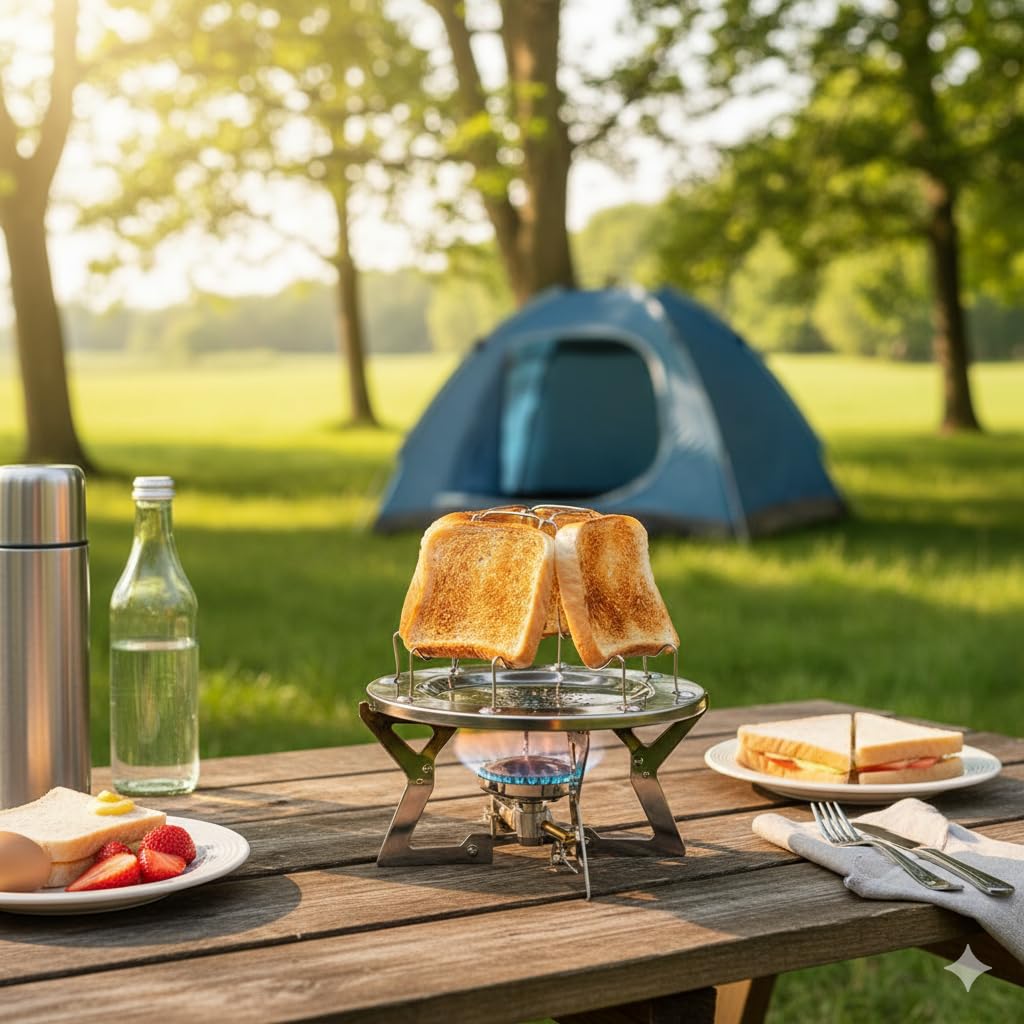 Grille-pain de camping pour réchaud à gaz pliable en acier inoxydable portable 4 tranches propane grille-pain support pour le camping, la pêche, la randonnée, l'été à la maison