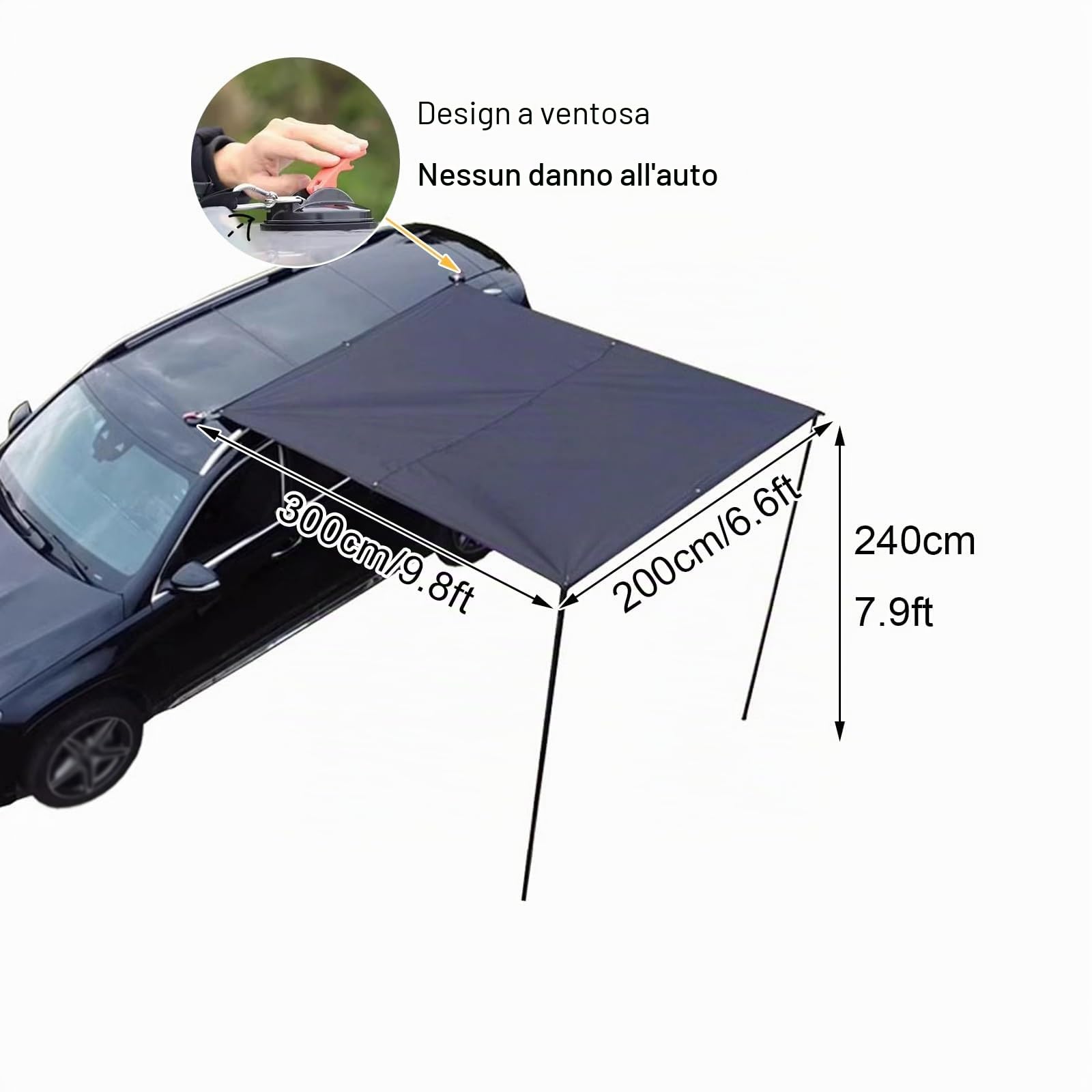 Tendalino Laterale per Auto con Ventosa, Tendalino Auto Camper 200x300cm Tessuto Oxford 210D, Rivestimento in Colla Nera Impermeabile PU5000mm UPF50+, Nessun Portapacchi Richiesto(Beige)