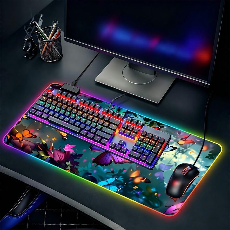 Colorful Butterflies Extra Large Gaming Desk Mat Keyboard Pad RGB Mouse Pad Ultra Thick Non-Slip Large Size RGB Gaming Desk Setup for PC/Laptop - 14 Lighting Modes Touch Control Keyboard and Mouse image 5