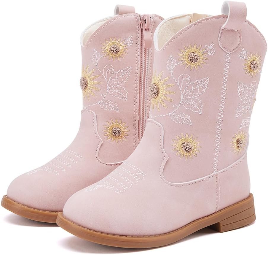 BMCiTYBM Toddler Girls Cowgirl Boots Little Kids Mid Calf Western Flower Cowboy Pointed Toe Riding Shoes All Season