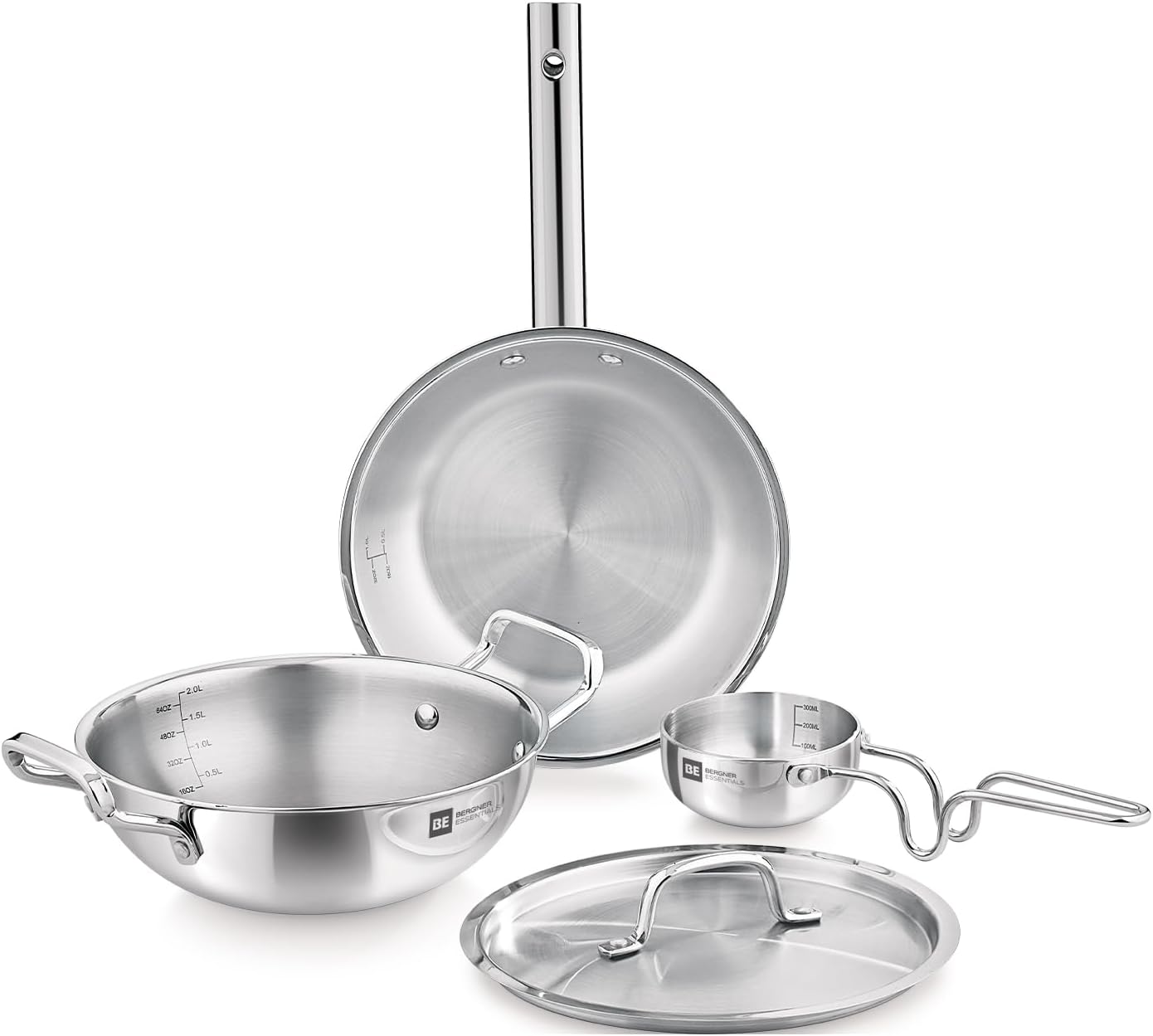TriPro Tri-Ply Stainless Steel 4 Pcs Cookware Set - 22cm Indian Wok/Kadai with Lid, 22cm Frypan, 10cm Tadka Pan, Even Heating, Less Oil Use, Healthy Cooking - Induction and Gas Stove Ready