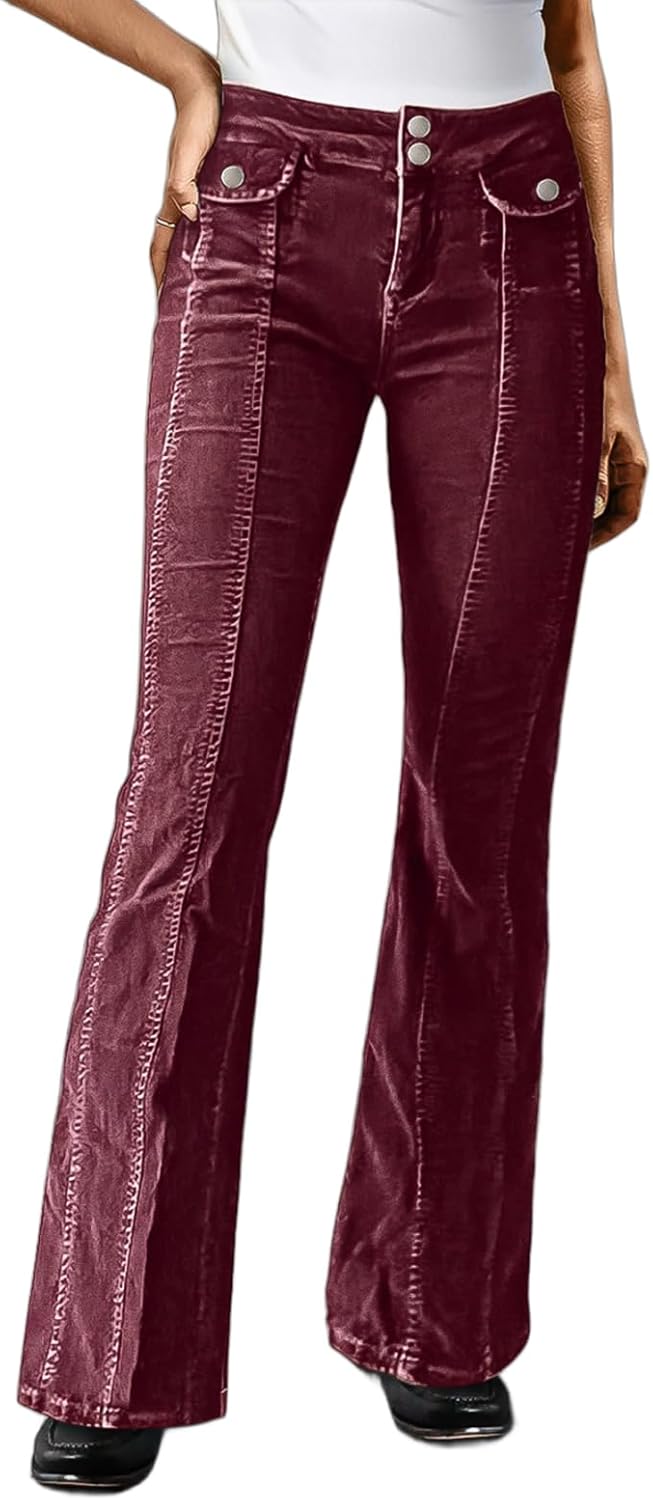 Flamingals Bootcut Mid Waist Solid Stitch Front Retro Pants for Women with Flap Pockets