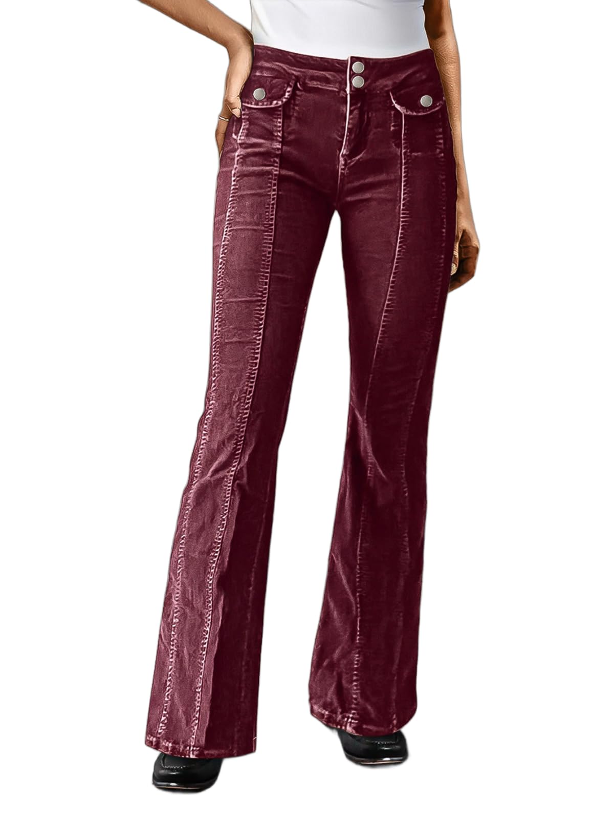 Flamingals Bootcut Mid Waist Solid Stitch Front Retro Pants for Women with Flap Pockets