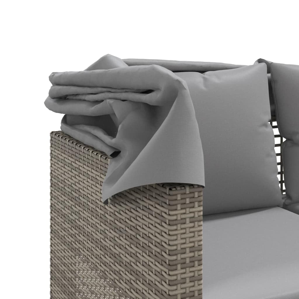 3-osobowa sofa outdoorowa z wysuwanym dachem, 2 taborety i stół, zestaw mebli ogrodowych z szarego polirattanu, odporna na działanie promieni UV, odporna na warunki atmosferyczne, na taras