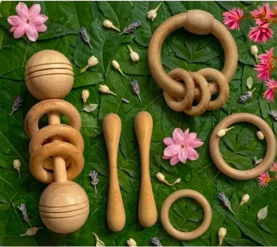 Natural Wood Neem Wooden Teether Set for Babies, Ring Rattle and Grasping Toy-image-48