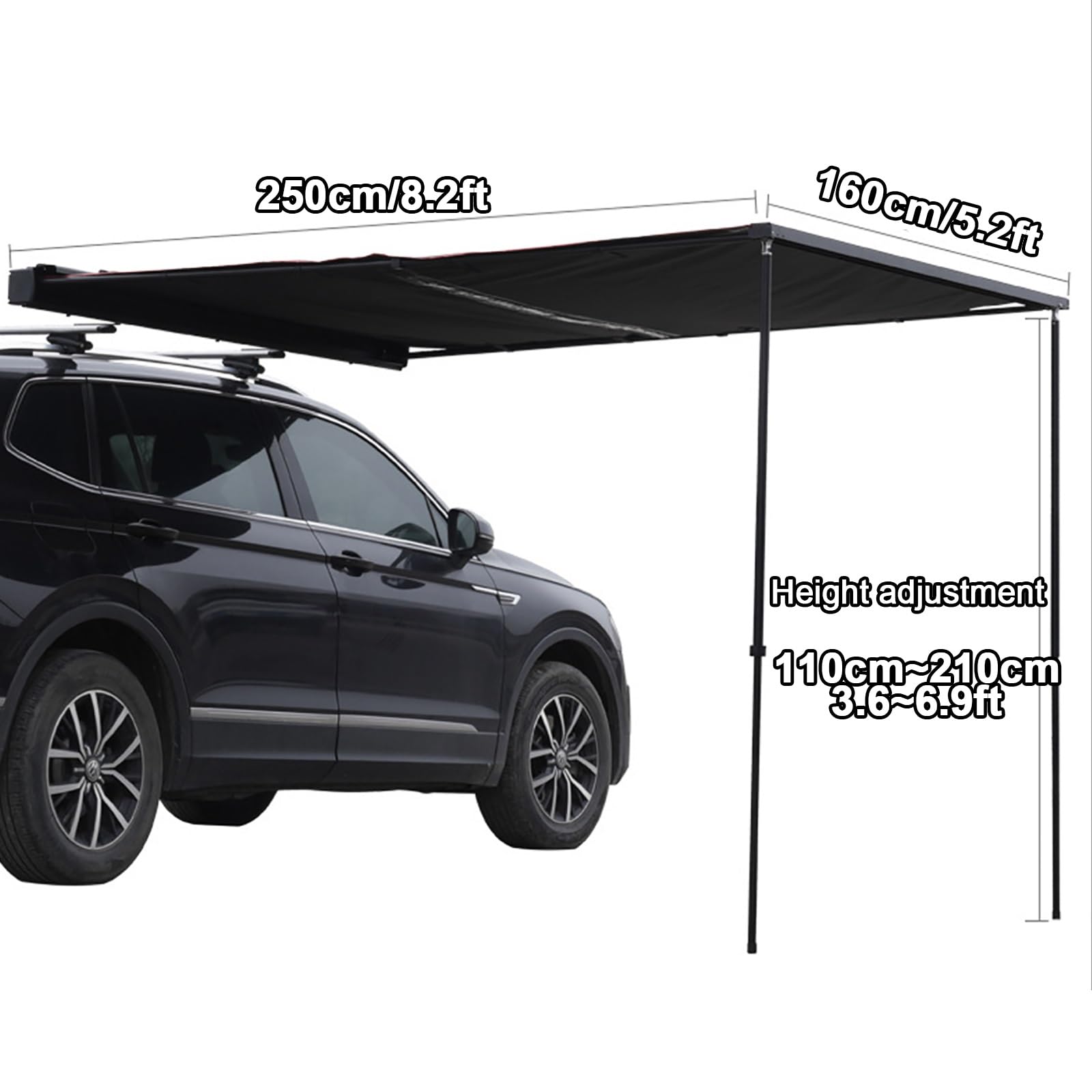Auto Markise Camping Vielseitige Auto-Markise, Ausziehbarer Dachträger-Sonnenschutz, PU5000 mm Einziehbare Auto-Seitenmarkise mit Aufbewahrungstasche, für SUV/LKW/Van (Size : 160x250cm/5.2x8.2