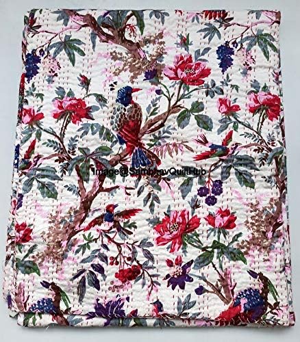 White Handblock Floral Bird Print Handmade Cotton Kantha Quilting Boho Bedding Throw Blanket Hippie Queen/King Size Bohemian Block Kantha Quilt (Queen 90X108 inches)