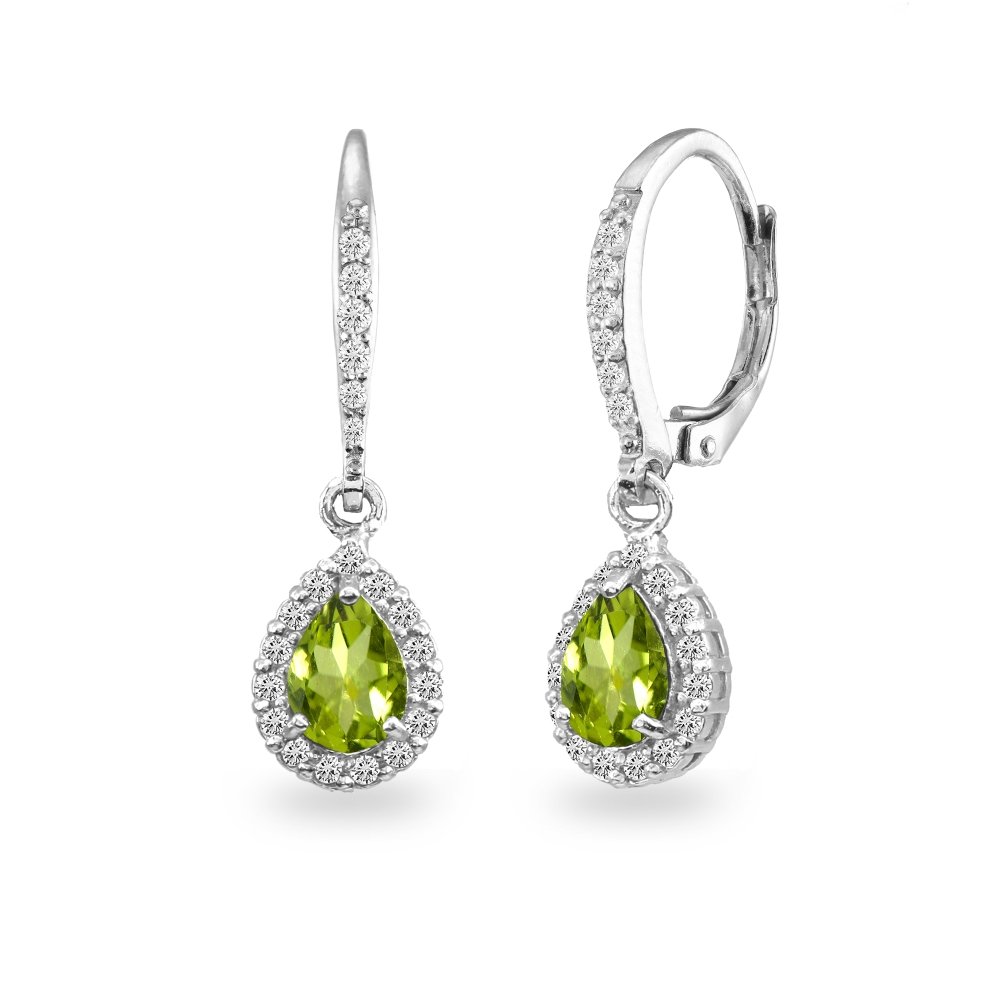 Sterling Silver Genuine or Synthetic Gemstone Halo Teardrop Dangle Leverback Earrings for Women Bridesmaids