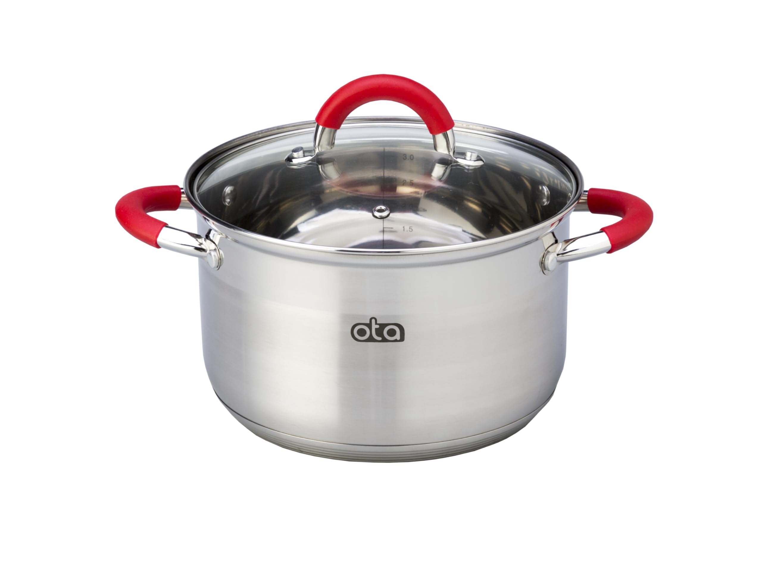 OTA Batería de Cocina 12 Piezas Acero Inoxidable Tapas de Cristal Apto para todo tipo de cocina con Asas Rojas