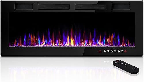 Waleaf Chimenea eléctrica de 50 pulgadas montada en la paredempotrada, calentador de chimenea con llama multicolor, temporizador de bajo ruido
