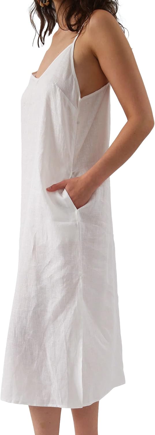 Amazhiyu Womens Pure Linen Summer V Neck Midi Spaghetti Strap Slip Dress with Pockets - Image 5