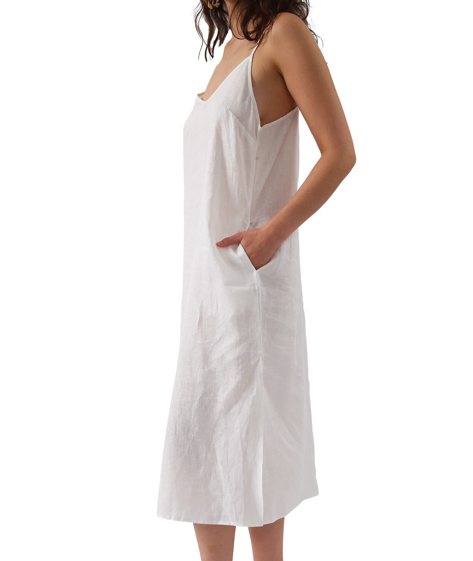 Amazhiyu Womens Pure Linen Summer V Neck Midi Spaghetti Strap Slip Dress with Pockets: X-Large White
