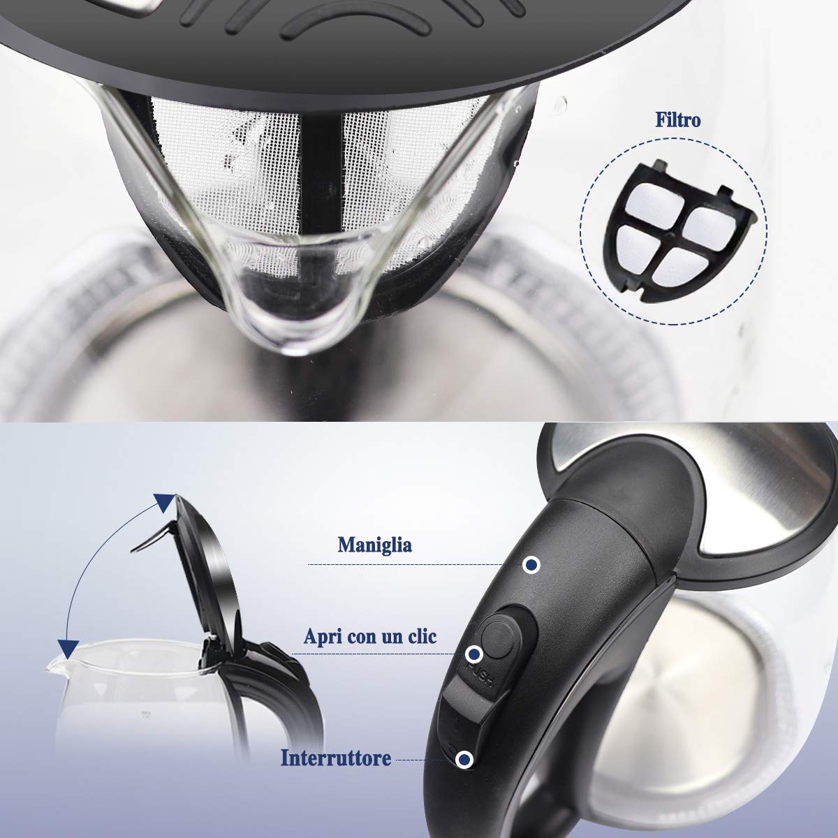 EXTRASTAR 2200 W Hervidor eléctrico de cristal 1,7 L, con iluminación LED. Filtro de agua incluido. Sin BPA®. Función de mantenimiento en caliente