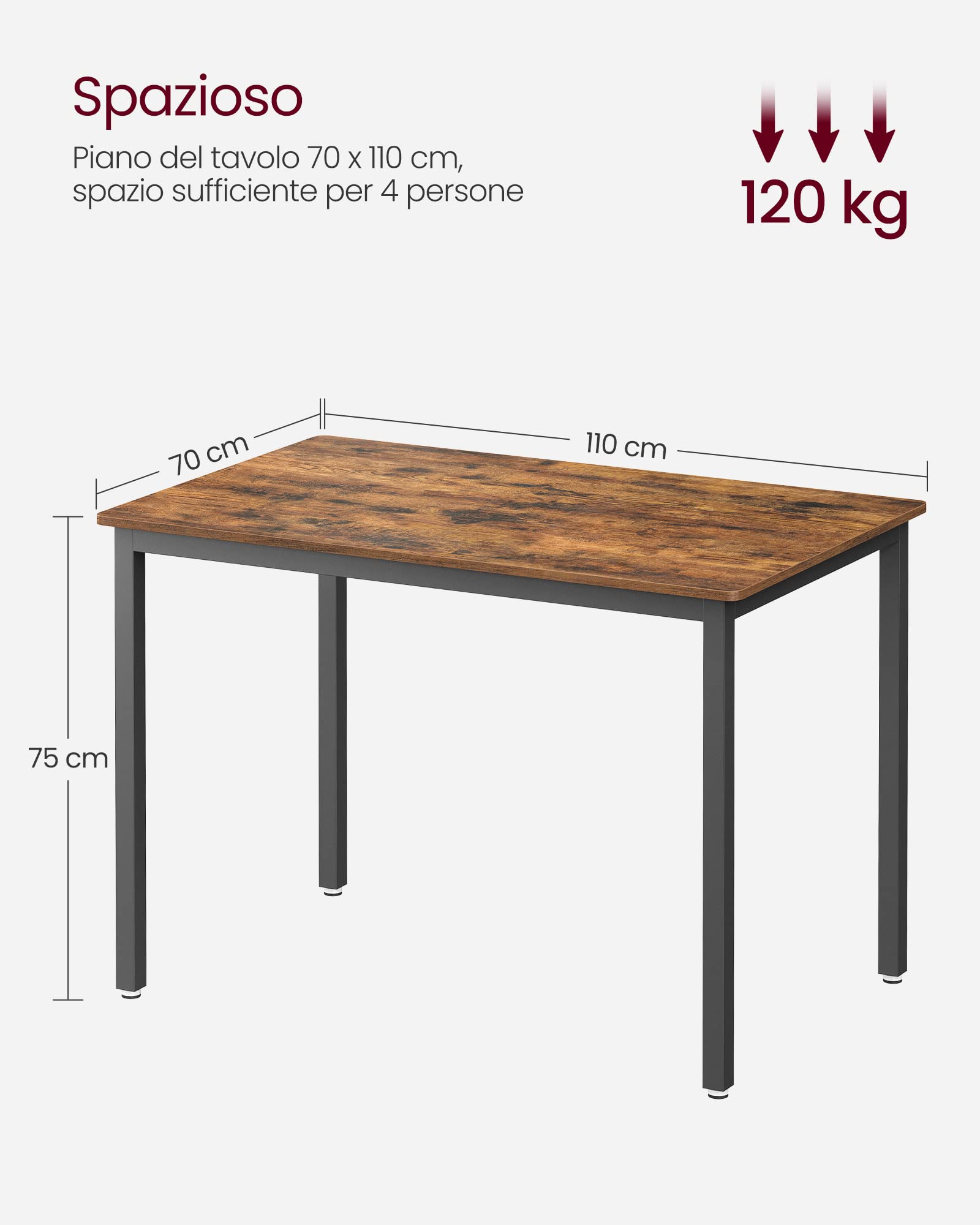 VASAGLE Tavolo da Pranzo, Tavolo da Cucina, 70 x 110 x 77 cm, per 4 Persone, Scrivania, Design Industriale, Marrone Vintage e Nero Opaco KDT081B01
