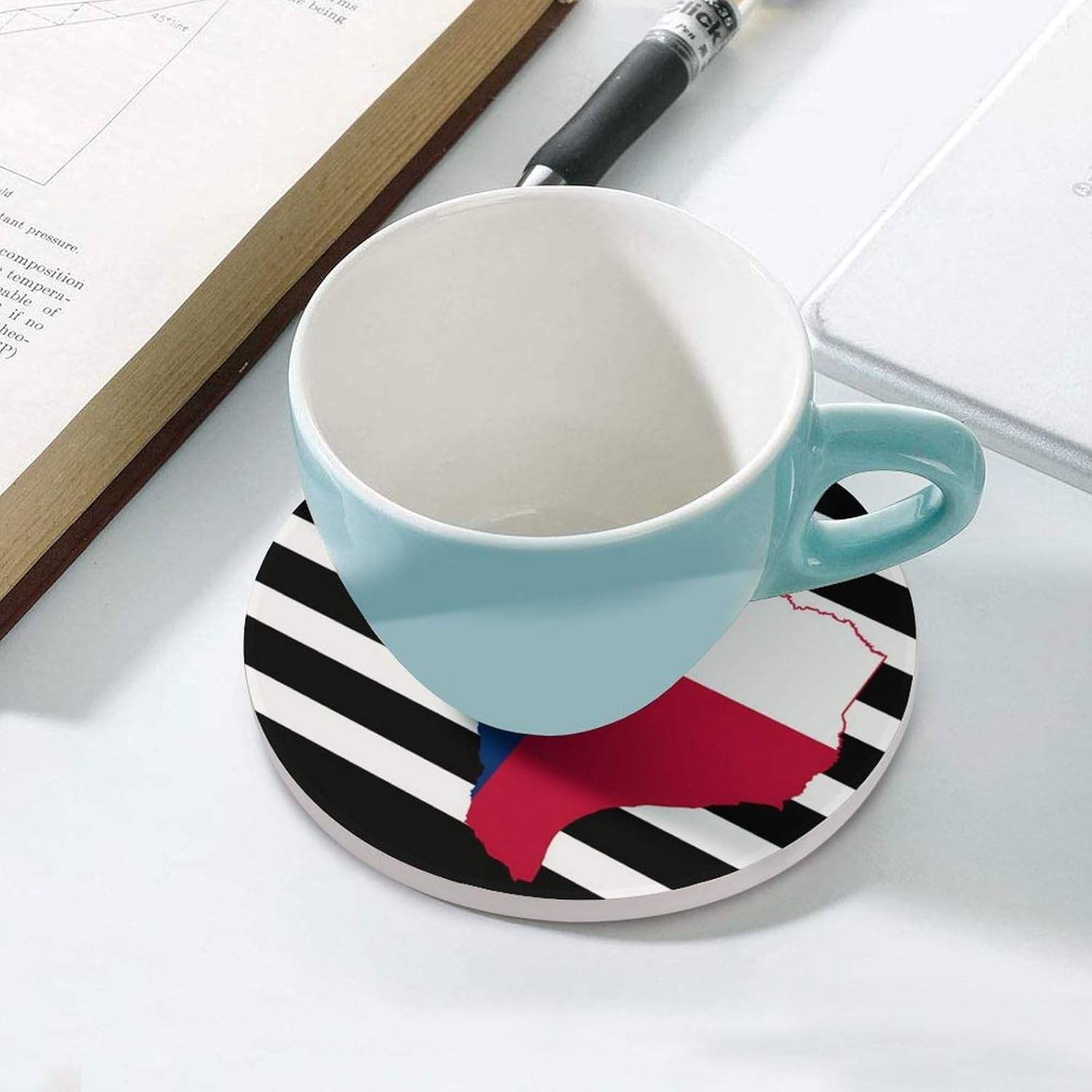 Texas State Black U.S. Flag Round Ceramic Coasters Print Drinks Absorbent with Cork Base for Home Decor Gifts 4 Inch