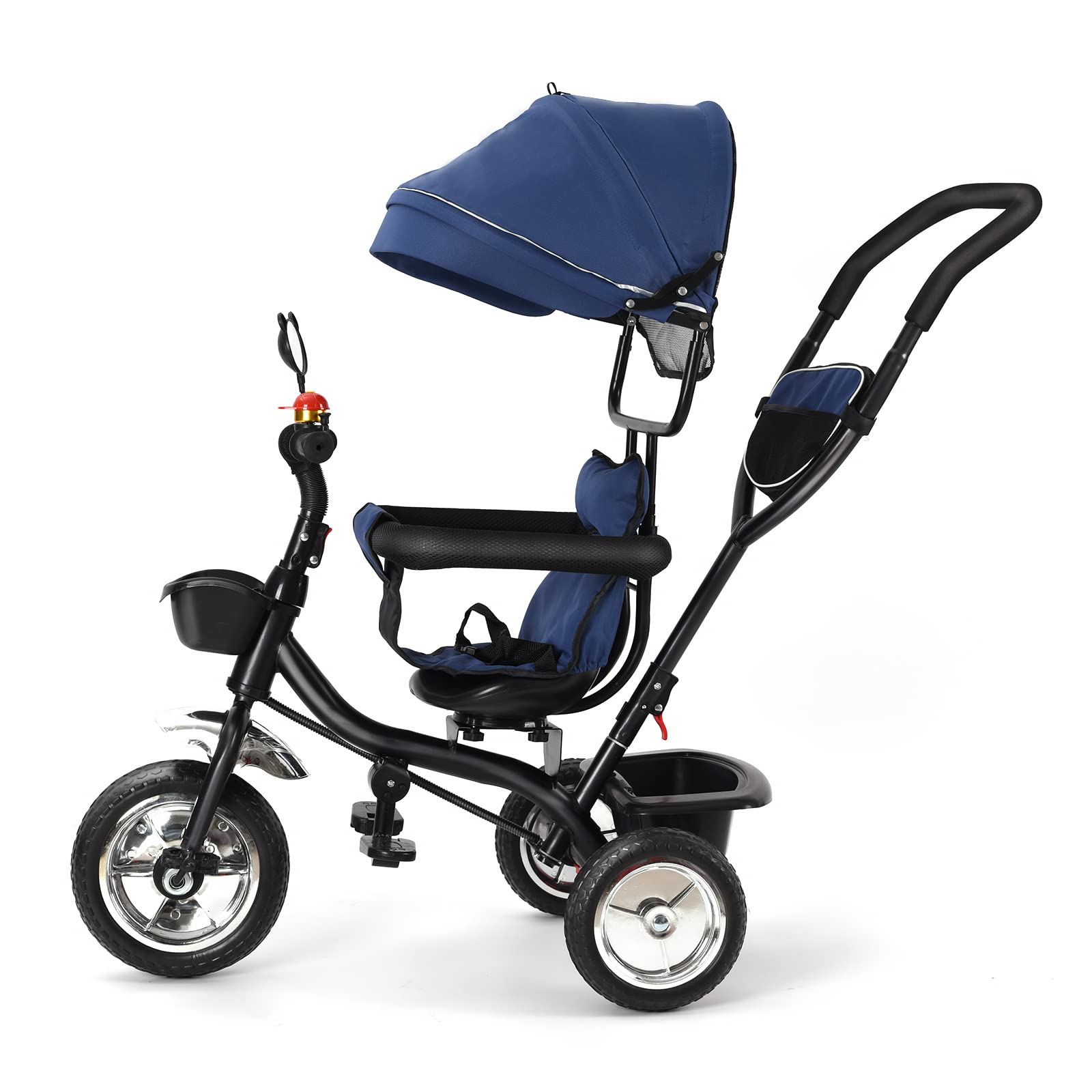 Tricycle Enfant de 9 Mois jusqu'à 25 kg, Porte-gobelet,avec Tige de Poussée Réglable en Hauteur, Siège Rotatif d'avant en Arrière, Auvent Rabattable,4 en 1 (Bleu foncé)