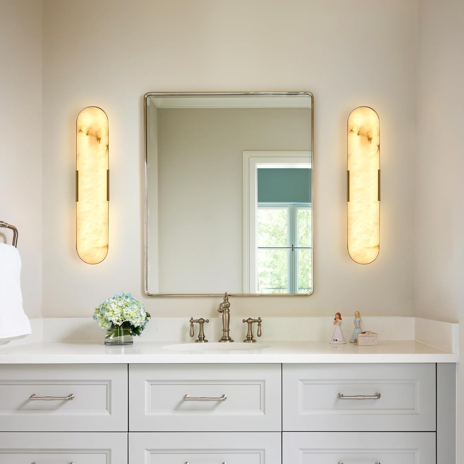 Gold Alabaster Wall Sconces Set of Two 20" Natural Marble LED Wall Lights, Mid Century Marble Wall Lamp Bathroom Vanity Indoor Alabaster Wall Lighting Fixtures for Bedroom Hallway Stairs