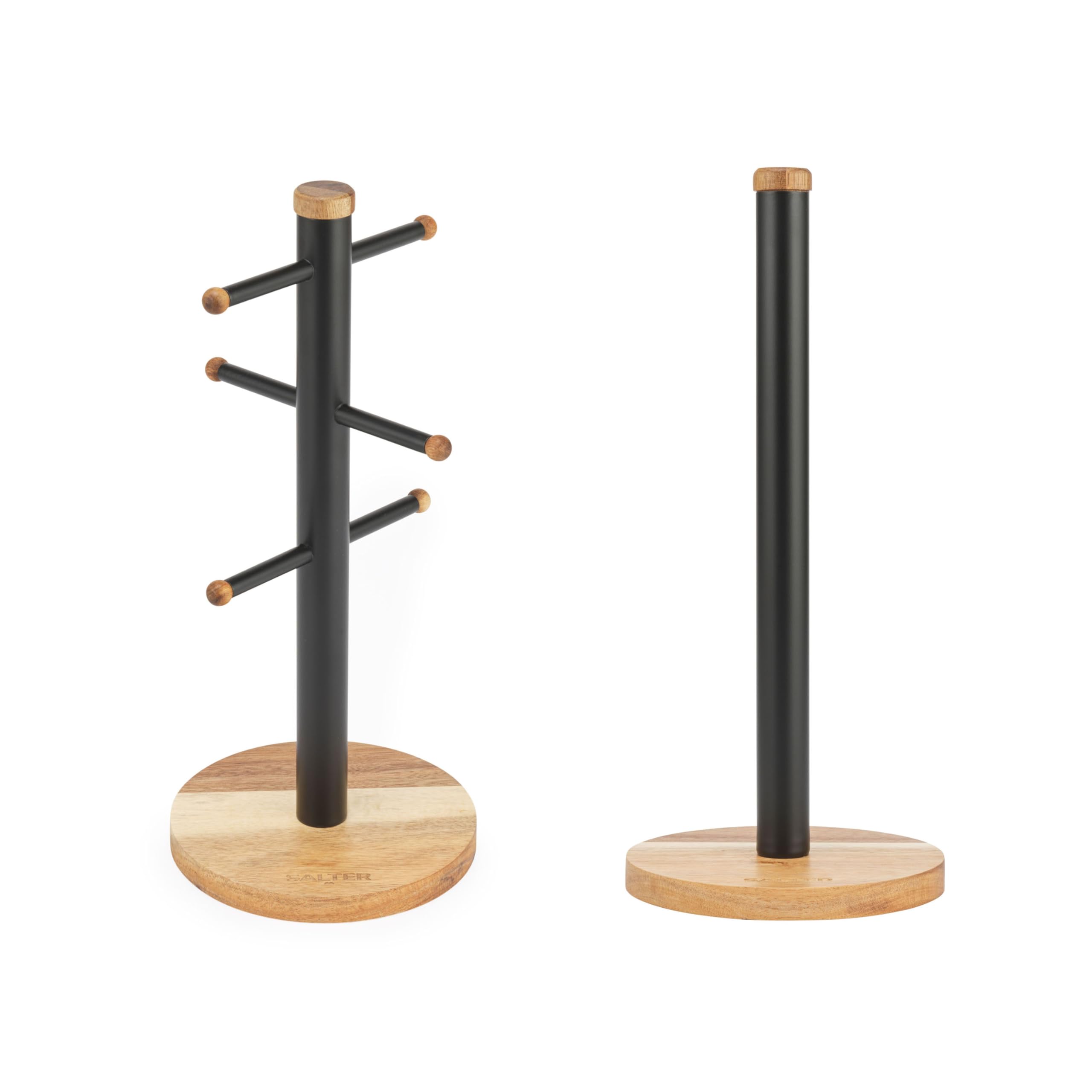 SalterToronto Mug Tree & Kitchen Roll Holder - Acacia Wood Countertop Stand, 6 Brand Display for Coffee Mugs, Freestanding, Kitchen Storage, Worktop Organiser, Black