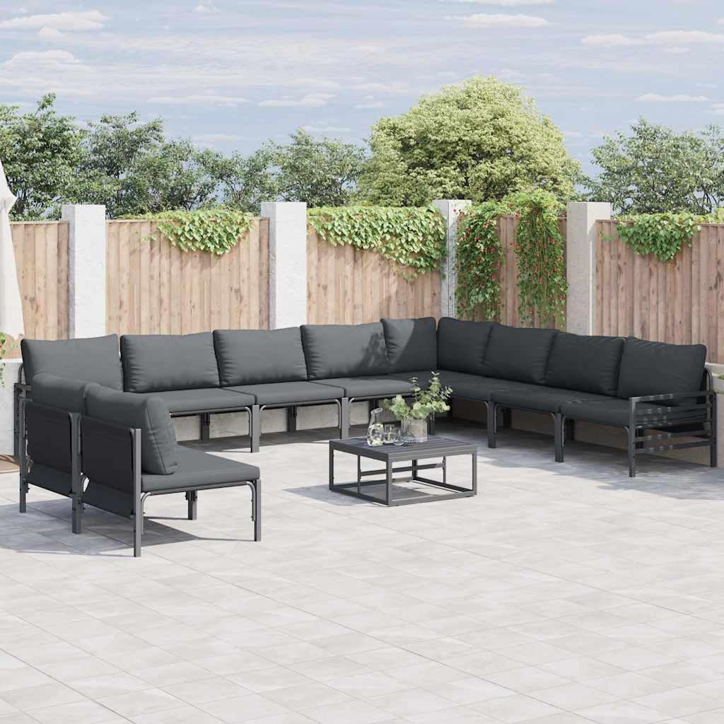 Ensemble de canapé de jardin avec coussin - 10 pièces - En acier noir revêtu par pulvérisation - Résistant aux intempéries - Pour terrasse, balcon, jardin