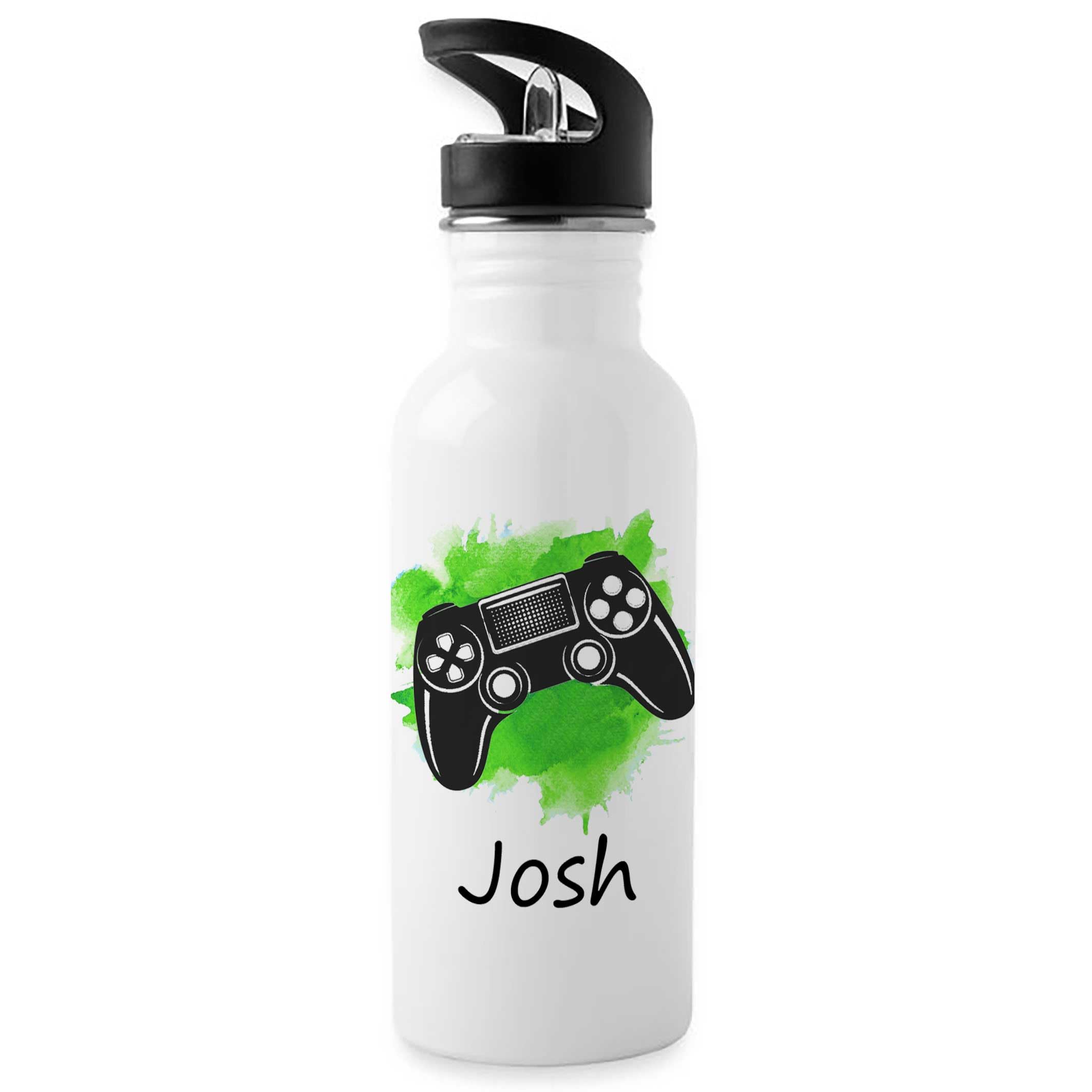 Tigerlilyprints Personalised Boys Water Bottle 500ml with Straw Lid – Custom Name Aluminium Drinks Bottle – Kids School Sports Gym Outdoor Football Design – Birthday Gift for Boys UK (gamergreen) — image 1