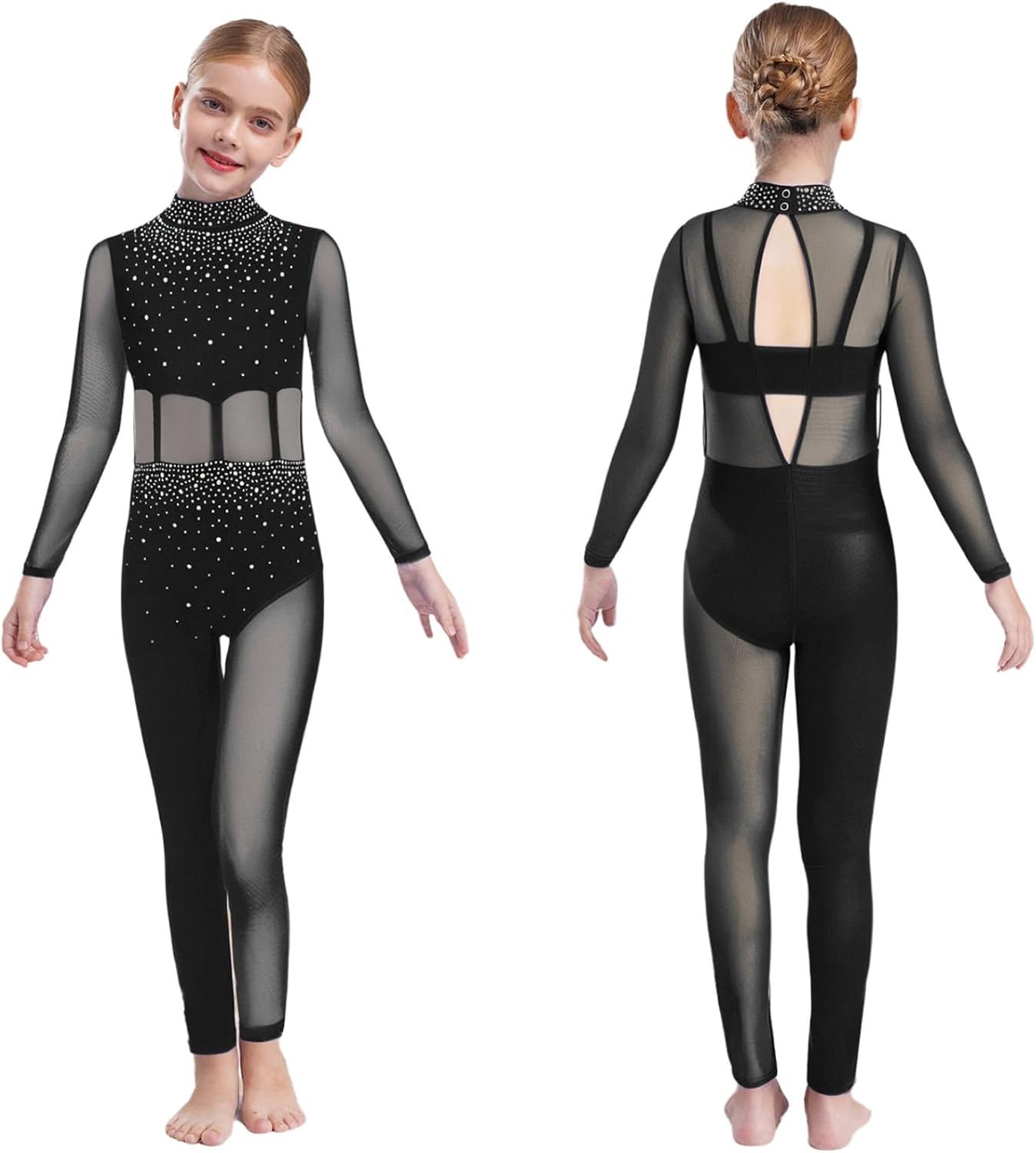 Kids Girls Sheer Mesh Long Sleeve Figure Ice Skating Unitard Shiny Rhinestones Full Body Gymnastics Leotard